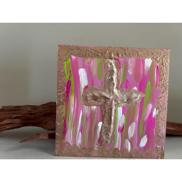 Gold Cross Wood Painting Pink Green Hand Painted Wall Art 5x5 Block Preppy Lilly - Picture 3 of 8